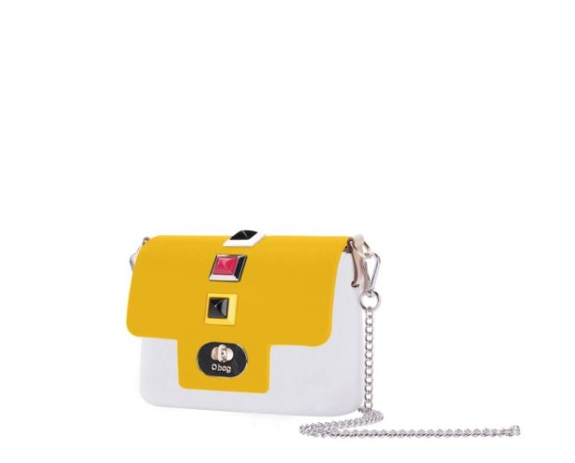 Nuova borsa O Bag O Pocket Micro con pattina in ecopelle gialla con borchie colorate primavera estate 2018
