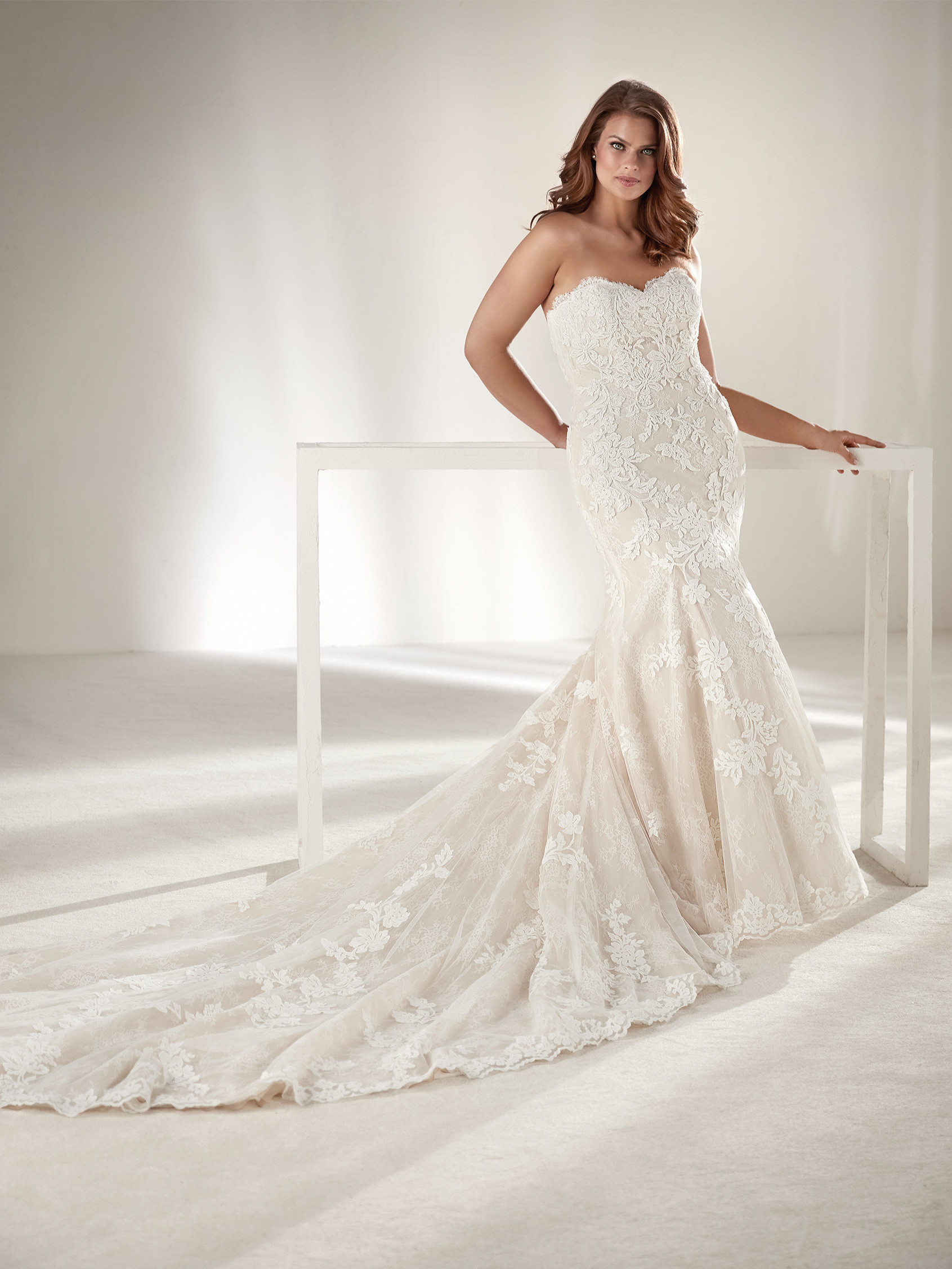 Vestito da sposa taglie forti in pizzo collezione Pronovias Plus 2019 mod Dresine