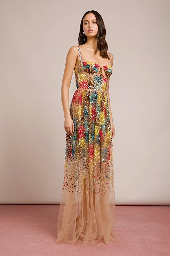 Abito lungo in tulle con paillettes Elisabetta Franchi estate 2019