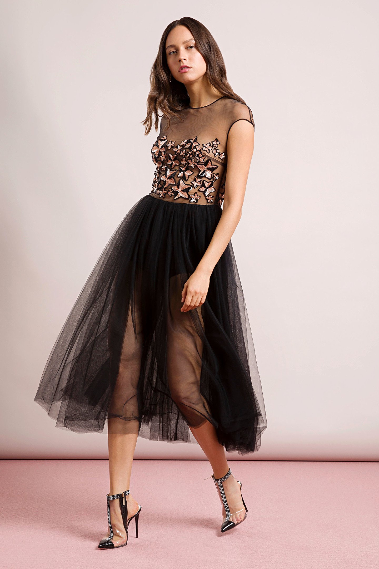 Abito midi con gonna in tulle Elisabetta Franchi catalogo primavera estate 2019