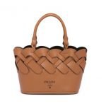 Mini shopping Prada in pelle intrecciata estate 2020 color cognac