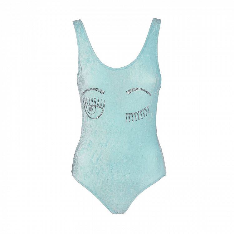 Nuovo costume intero Chiara Ferragni in ciniglia azzurro con logo Flirting estate 2020
