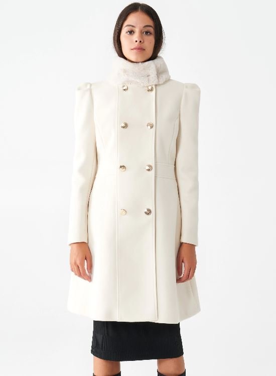 Cappotto bianco doppiopetto con collo in ecopelliccia Rinascimento