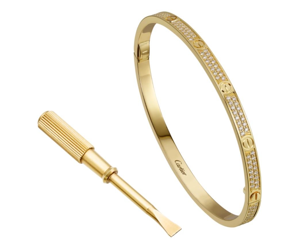 Bracciale Love Cartier con pave di diamanti in oro giallo modello piccolo