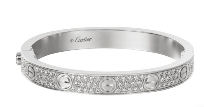 Love Bracelet Cartier pave di diamanti in oro bianco