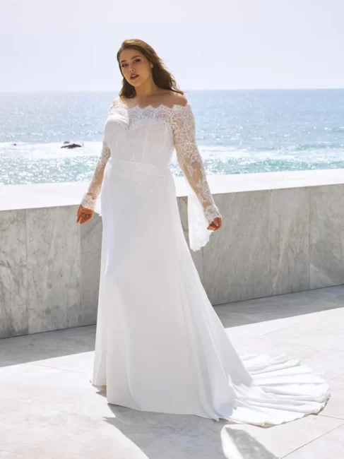 Abito da sposa taglio A Line con maniche lunghe in pizzo Pronovias Abito da sposa taglio A Line con maniche lunghe in pizzo Pronovias
