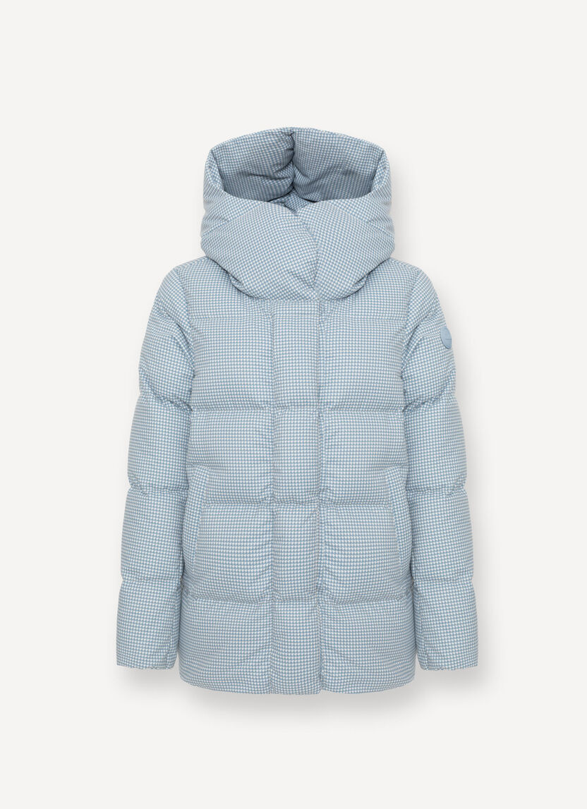 Piumino con collo alto in fantasia pied de poule azzurra