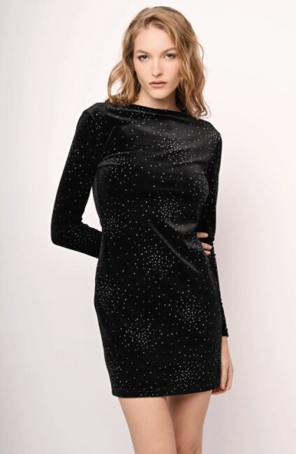 Abito tubino in velluto nero con strass e maniche lunghe