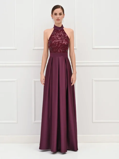 Rinascimento abito lungo in raso bordeaux con paillettes