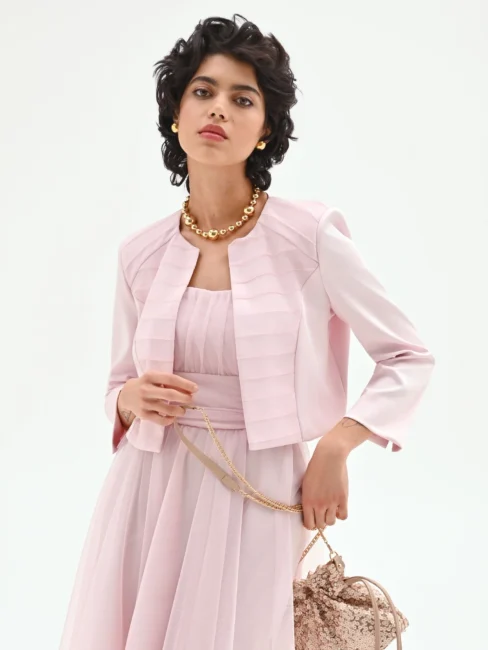 Abito corto da cerimonia con coprispalle abbinato Rinascimento primavera estate 2026