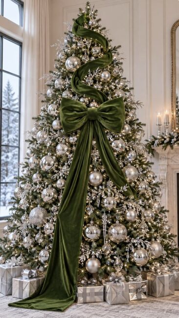 Albero di Natale verde e argento con maxi fiocco Albero di Natale verde e argento con maxi fiocco