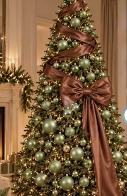 Idee Albero di Natale 2026 con palline verde e fiocco marrone Idee Albero di Natale 2026 con palline verde e fiocco marrone